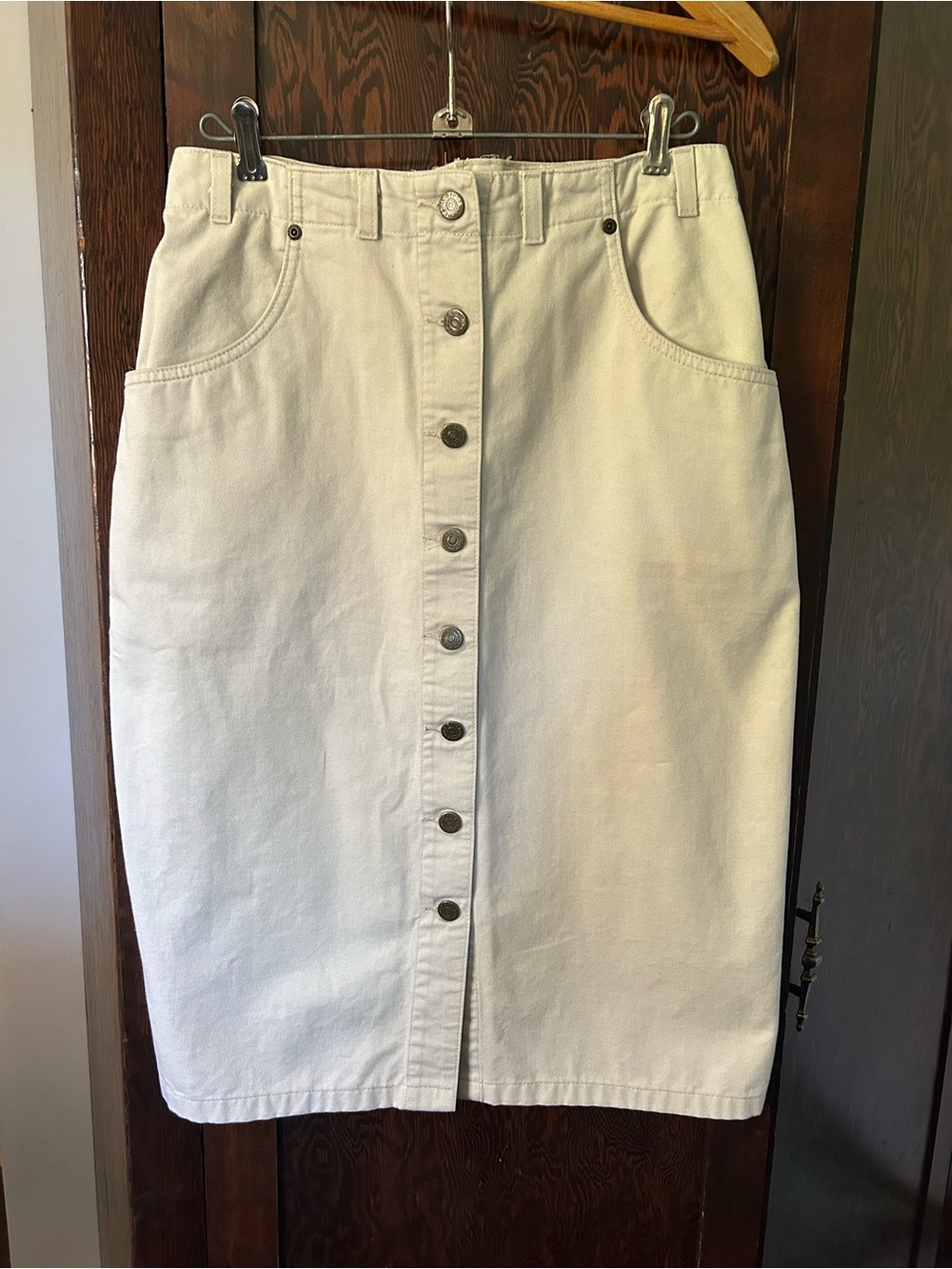 Button-Front Cream Denim Skirt